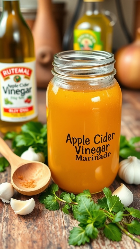 Homemade apple cider vinegar marinade in a jar with herbs and garlic on a kitchen counter.
